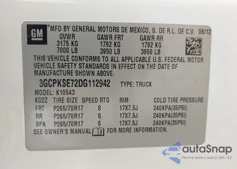2013 Chevrolet Silverado 1500 Lt из США, поврежденный, VIN 3GCPKSE72DG112942